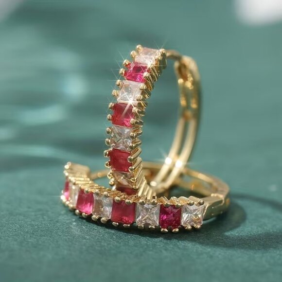 14K Gold Womens 2ct Rose Red Ruby Gemstone 1ct Diamond Small Hoop Earrings NEW - Picture 2 of 5